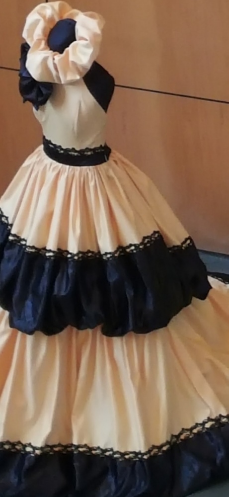 Victorian inspired yel/ blk satin  couture gown